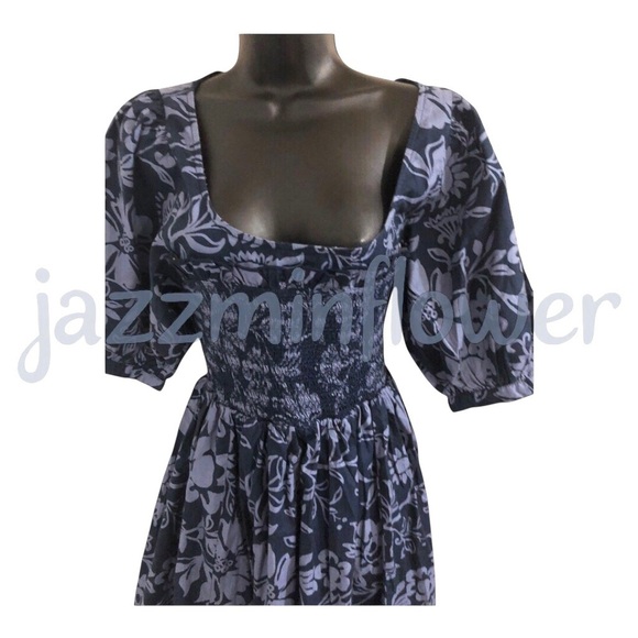 Free people dark navy blue dear delilah puff sleeve smocked babydoll mini dress - Picture 12 of 16